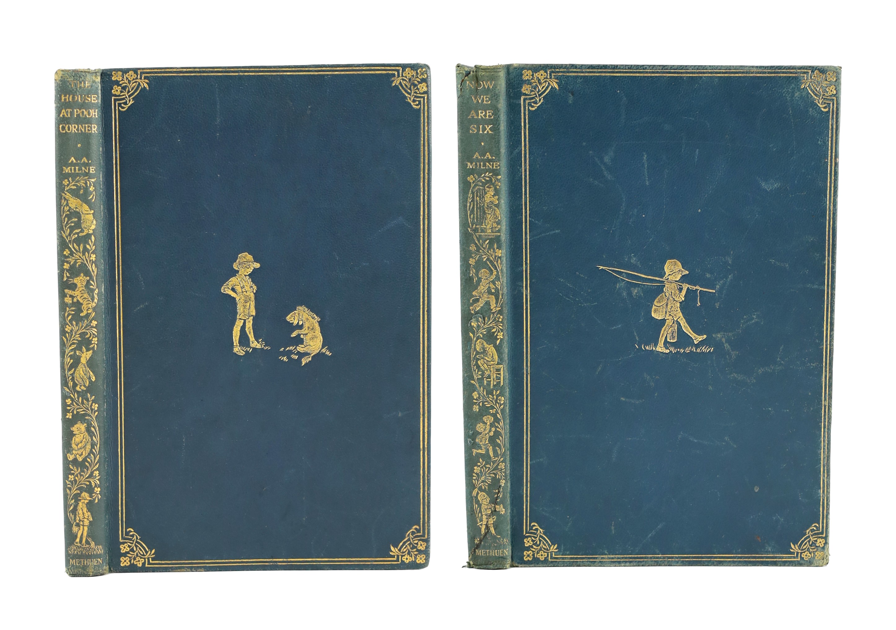 Milne, A.A. - Now We Are Six. First edition, illus. throughout (by Ernest Shepard, some full-page), half title, together with - The House at Pooh Corner. First edition. (illus. etc. as before); royal blue gilt decorated